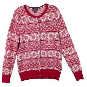 LANDS END Cardigan Sweater Nordic Snowflakes Button Up Supima Cotton‎ M/T 10-12